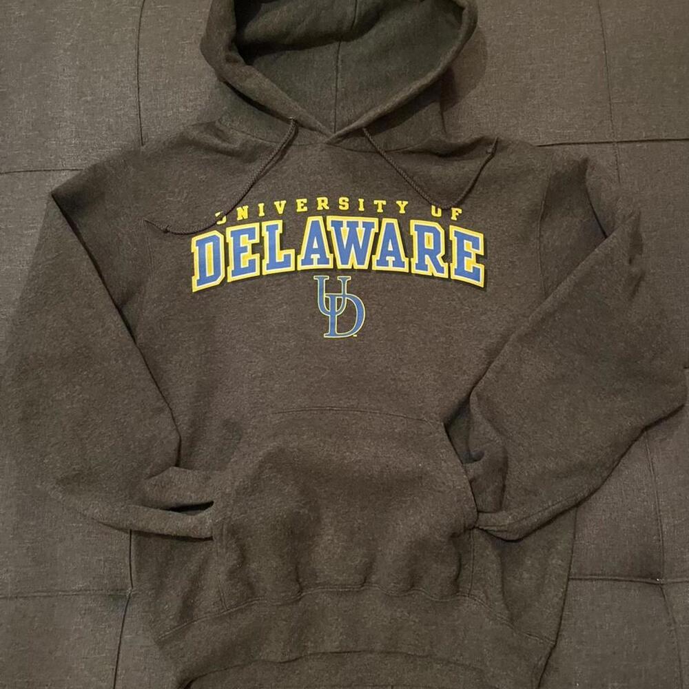 University of Delaware gray pullover sweatshirt, blue yellow gray, champion S